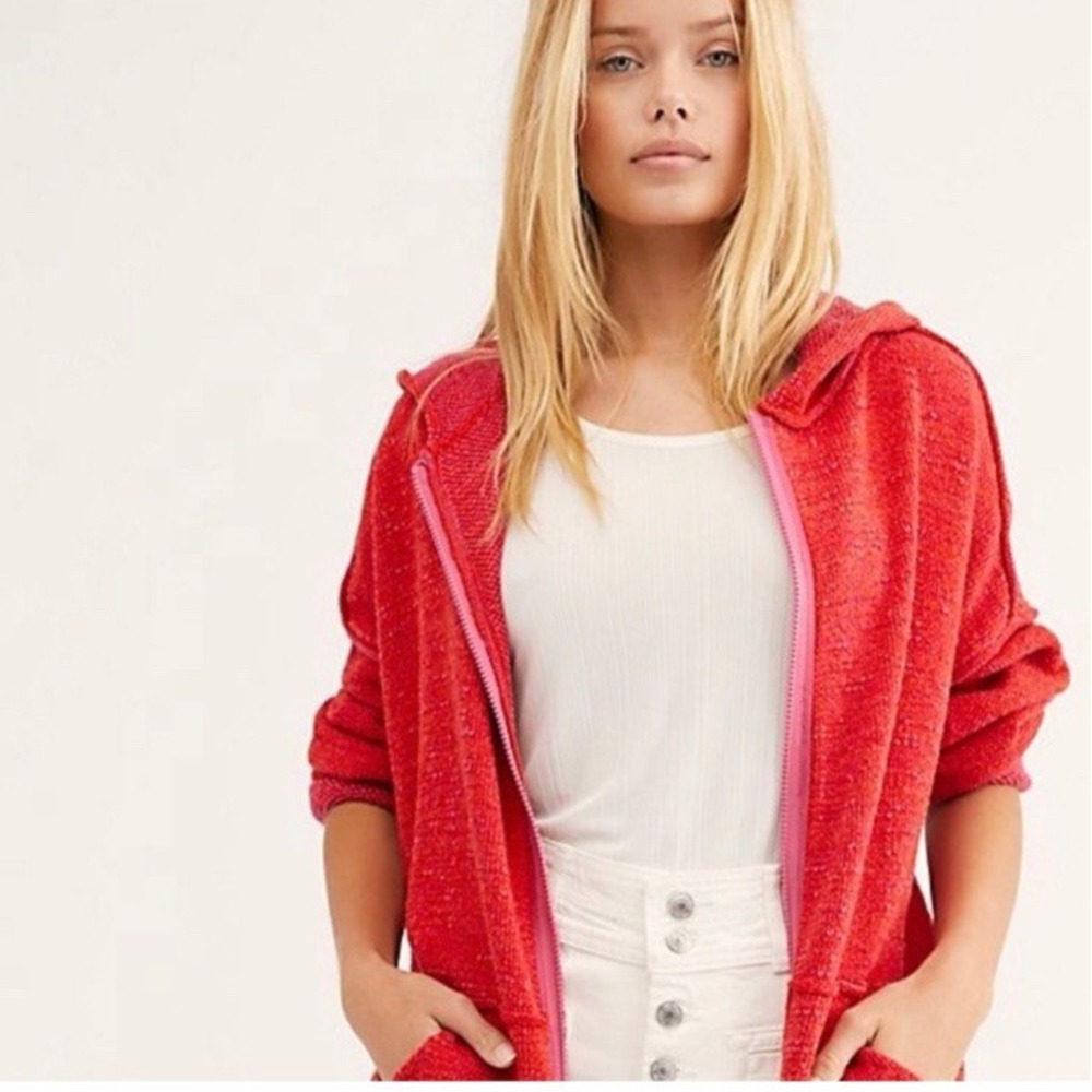 Free People In Bloom Oversized Full Zip Knit Hoodie Red Dolman Boho Women's L